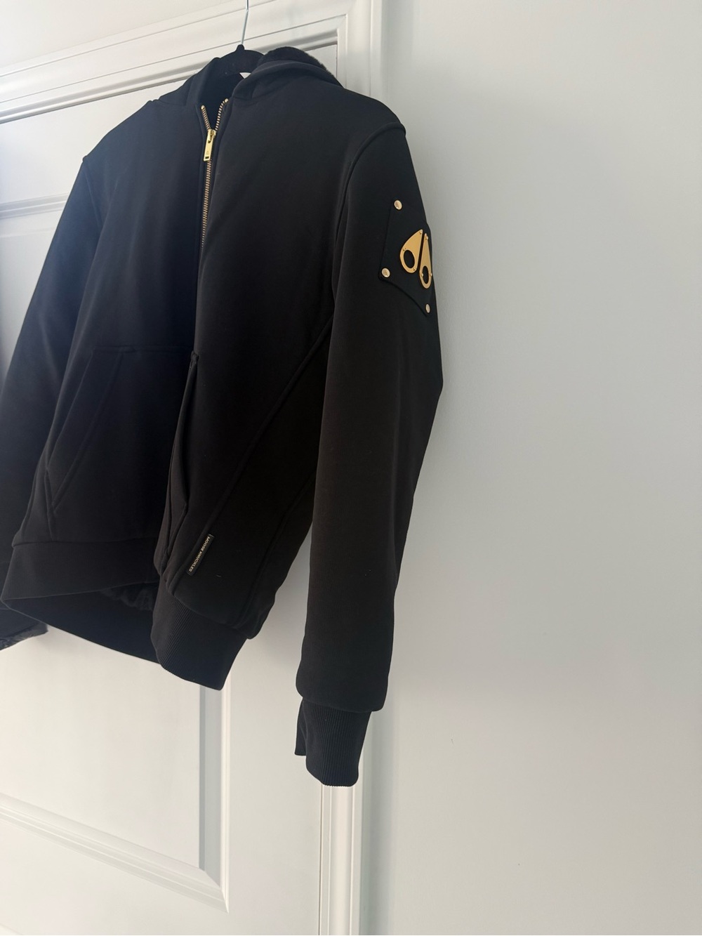 Moose Knuckles Black Kids Hooded Zip Jacket with Gold Accents